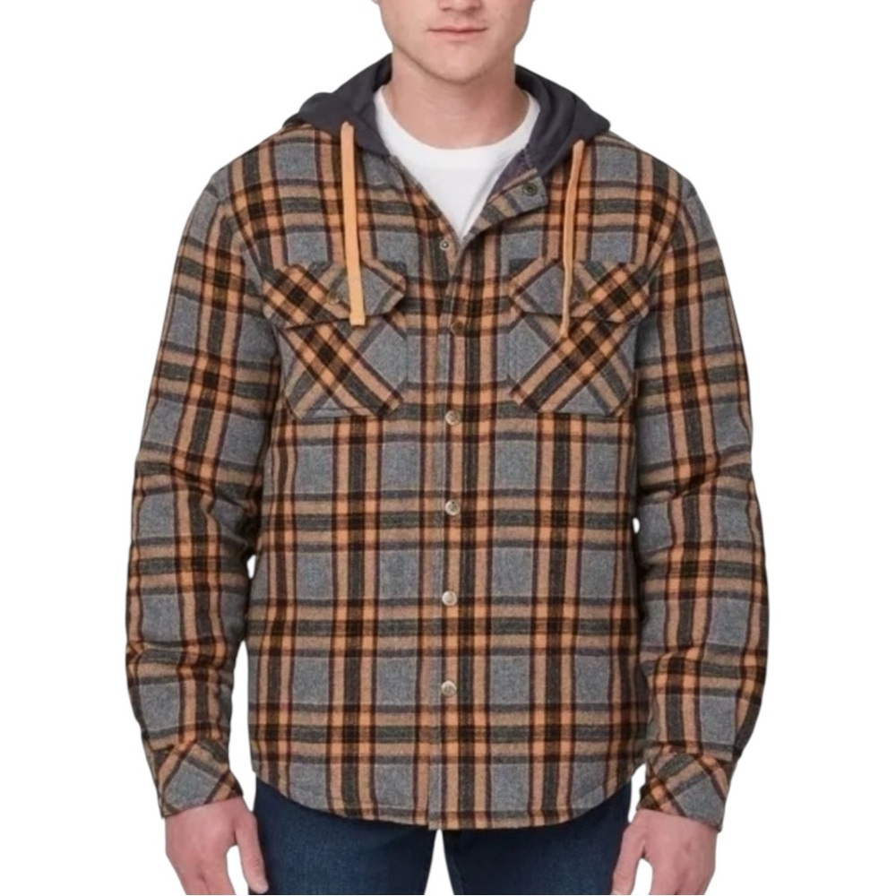 LEGENDARY OUTFITTERS Gray / Orange Plaid Hoodie Shacket Size Med — Lightweight